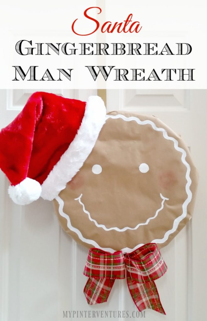 Santa Gingerbread Man Wreath - butcher paper, styrofoam wreath form, Santa hat, paint, and ribbon.